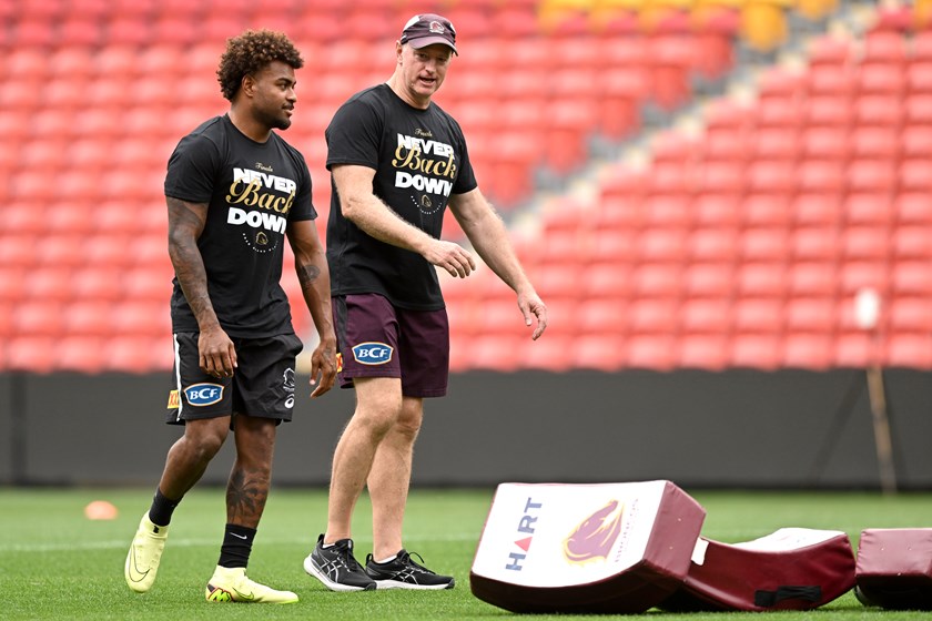 Ezra Mam and Michael Maguire at Brisbane's open training session earlier this week. 
