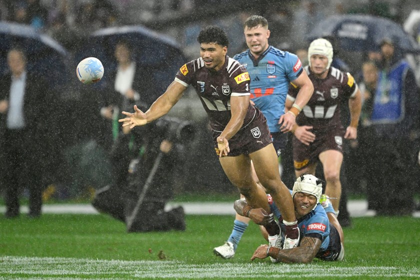 Tonga rookie Rob Toia is tackled by Samoa's Brian To'o during the 2025 State of Origin series.