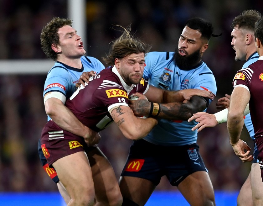 Broncos teammates Pat Carrigan and Payne Haas in Origin last year.