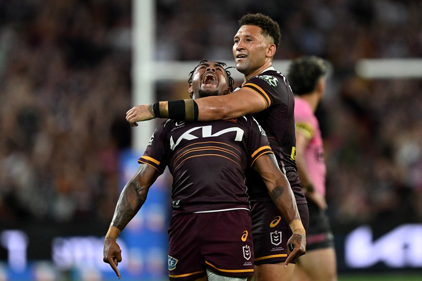 Gehamat Shibasaki celebrates winning the preliminary final against Penrith with Ezra Mam.