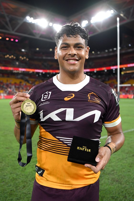 Selwyn Cobbo with the player of the match medal after the win against the Dolphins.