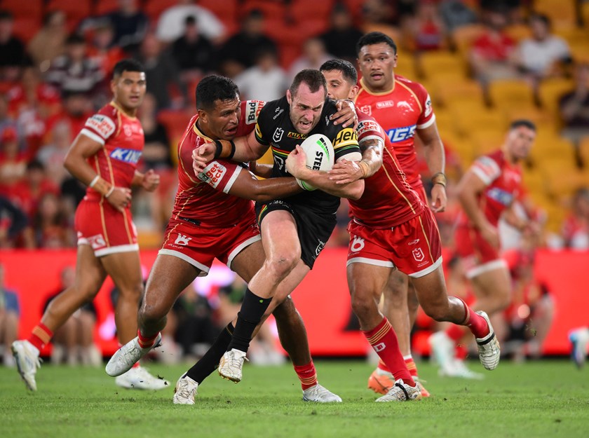 Isaah Yeo with the ball for Penrith.