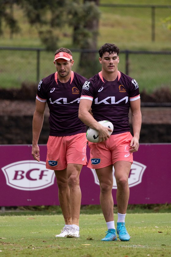 Corey Oates and Herbie Farnworth at Brisbane Broncos training. 