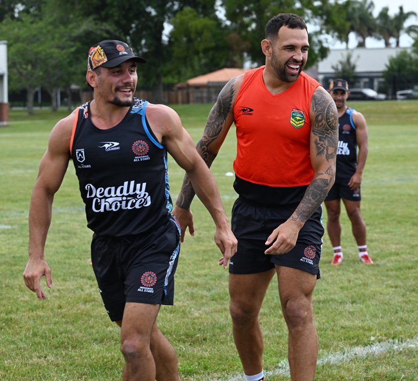 Brent Woolf with former Redcliffe Dolphins team-mate Josh Kerr in All Stars camp.