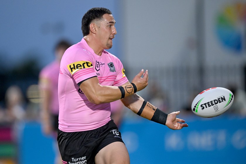 Kalani Going warms up with the Panthers.