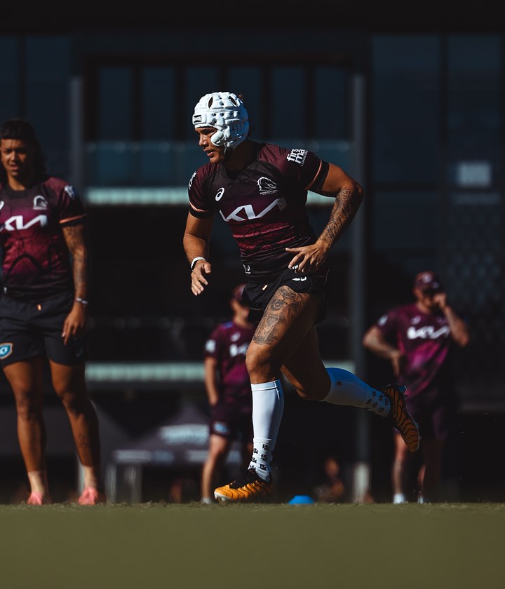 Reece Walsh at Broncos training in his protective head gear.