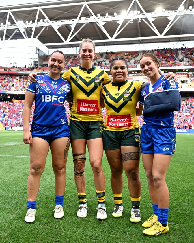 Jillaroos Kezie Apps and Sarah Togatuki with Samoa's Pihuka Berryman-Duff and Taliah Fuimaono.