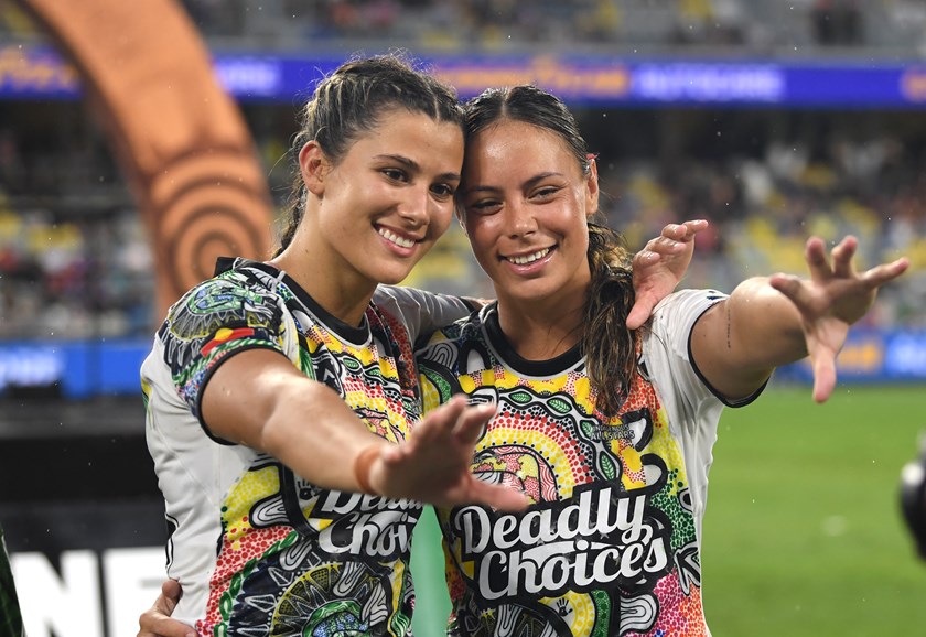 Shaylee Bent and Taliah Fuimaono representing the Indigenous All Stars.