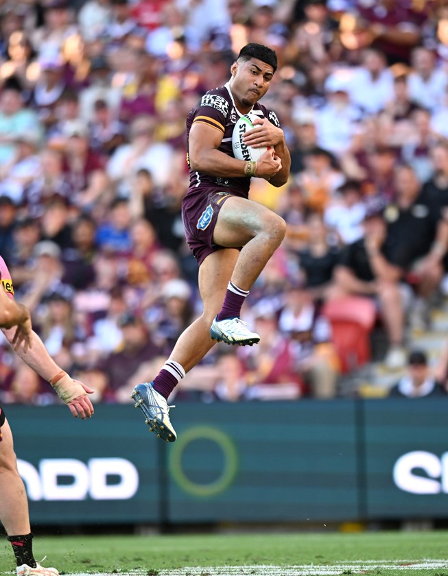 Josiah Karapani takes a high ball against Penrith.