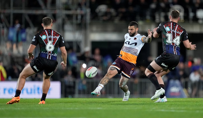 Adam Reynolds in action for the Broncos against Luke Metcalf in their match at Napier in 2023.