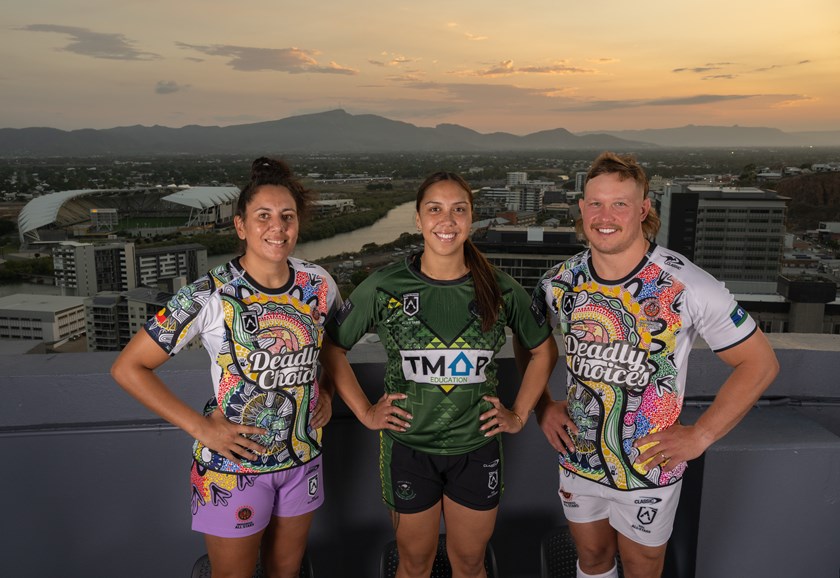 Indigenous All Stars representative Reuben Cotter with Tallisha Harden and Māori All Stars representative Shannon Mato in Townsville. 