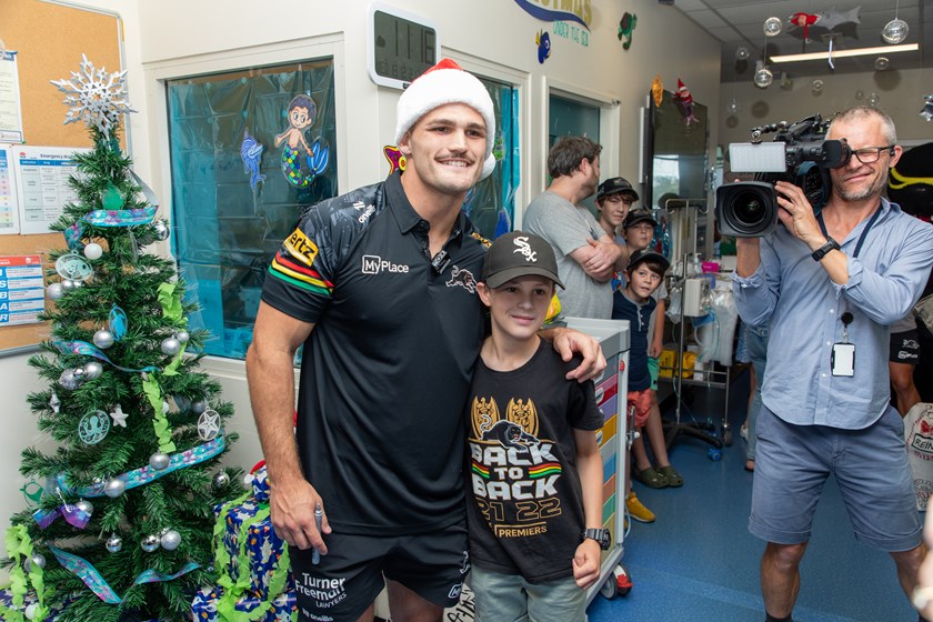 Nathan Cleary with a young fan during a visit to Nepean Hospital.
