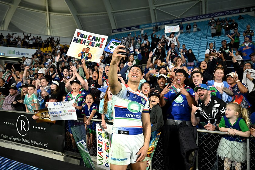 Roger Tuivasa-Sheck celebrates with fans on the Gold Coast.