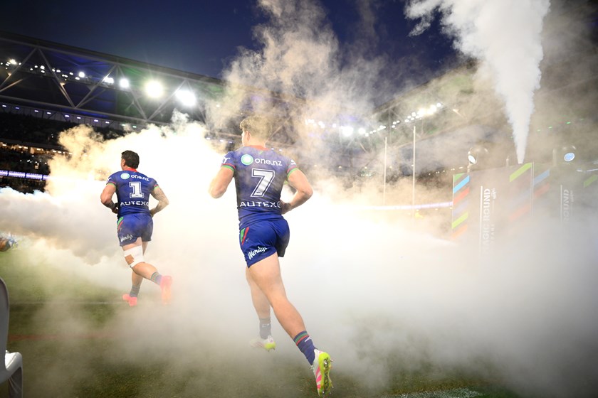 Luke Metcalf runs out for the Warriors in the Round 9 Magic Round game against the Cowboys.