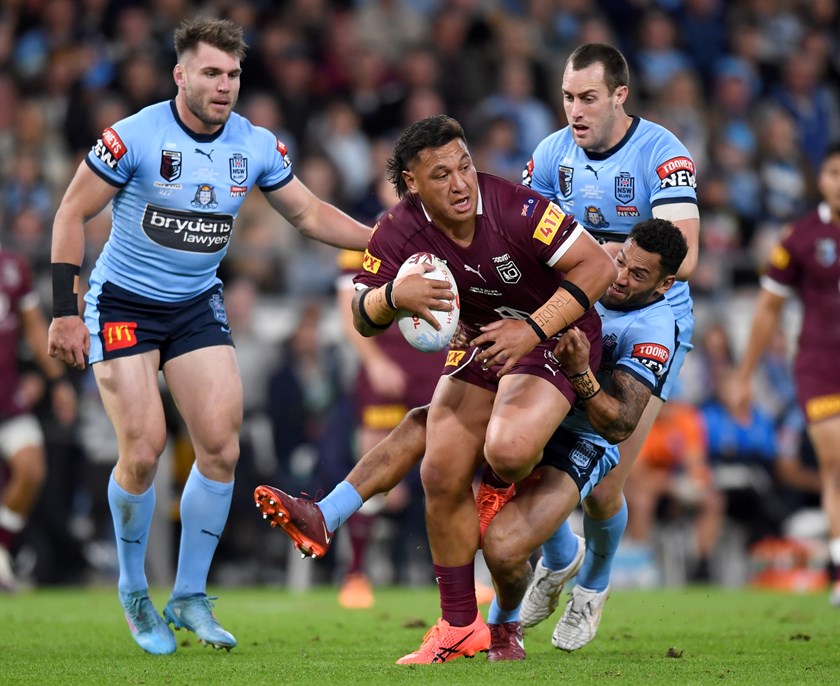 Josh Papalii with the ball for Queensland in Game Three, 2022.