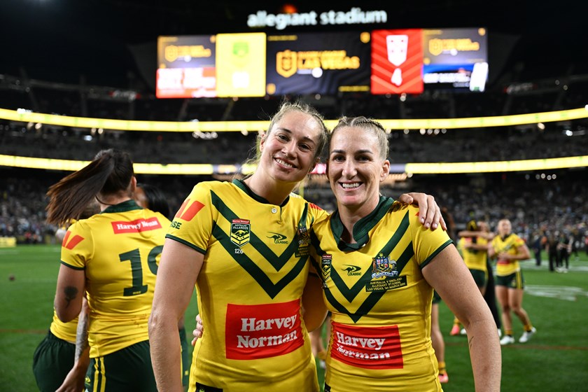Kezie Apps and Ali Brigginshaw representing the Jillaroos.