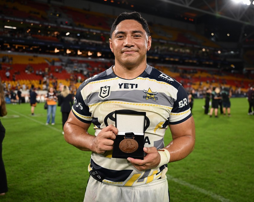Jason Taumalolo with the Carl Webb Medal he won as player of the match.