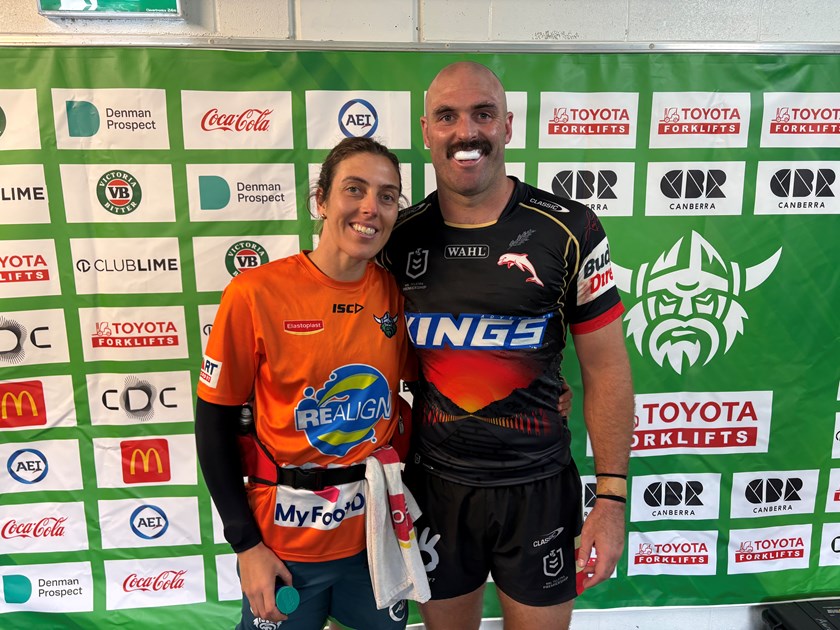 Claire Nicholls and Mark Nicholls after the Raiders hosted the Dolphins in Round 8.