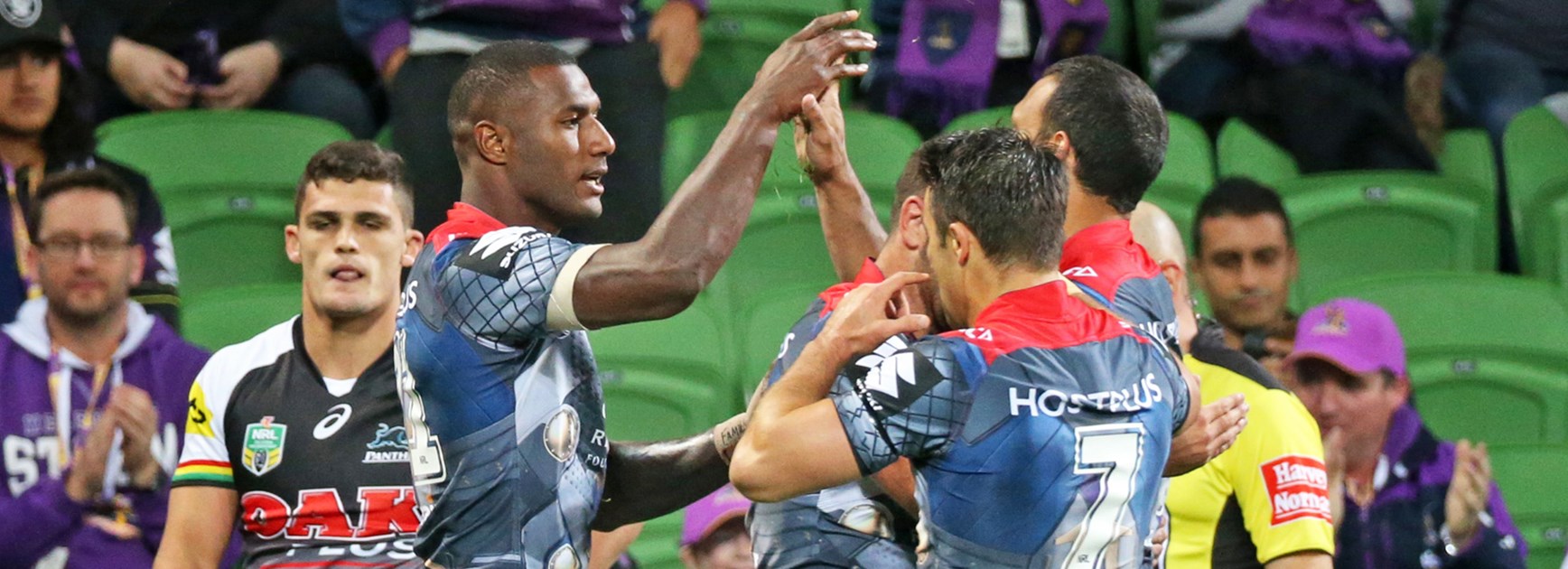 Suliasi Vunivalu celebrates his early try against Penrith on Saturday night.
