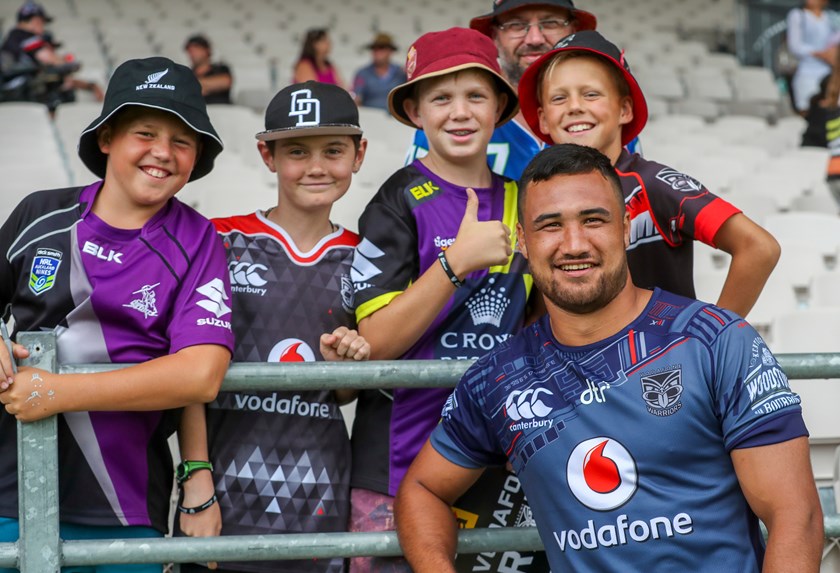 Warriors recruit Peta Hiku with fans at Rotorua.