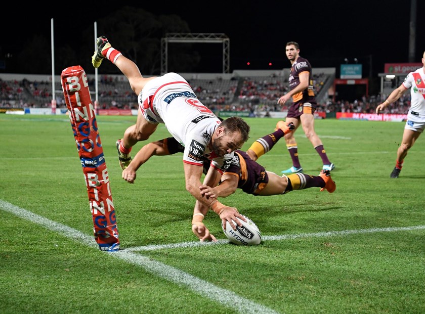 St George Illawarra Dragons winger Jason Nightingale scoring a try. 
