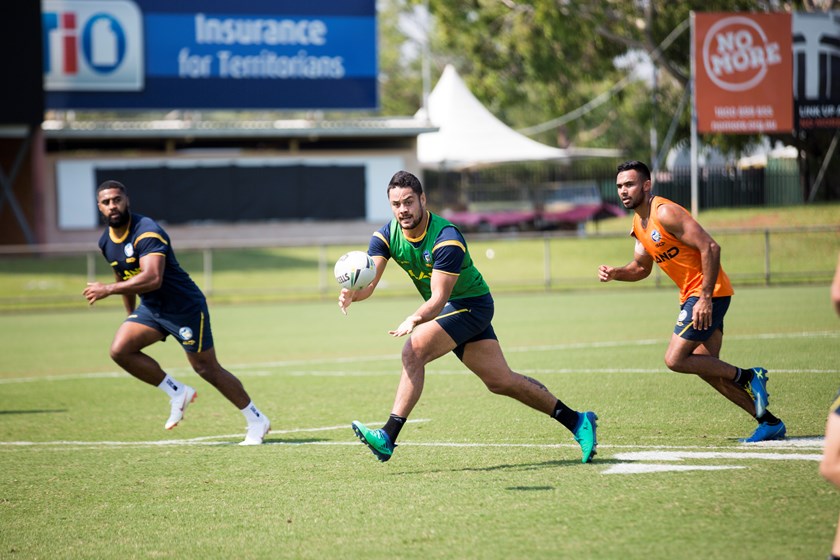 Eels veteran Jarryd Hayne goes through his paces in Darwin with Michael Jennings and Bevan French.