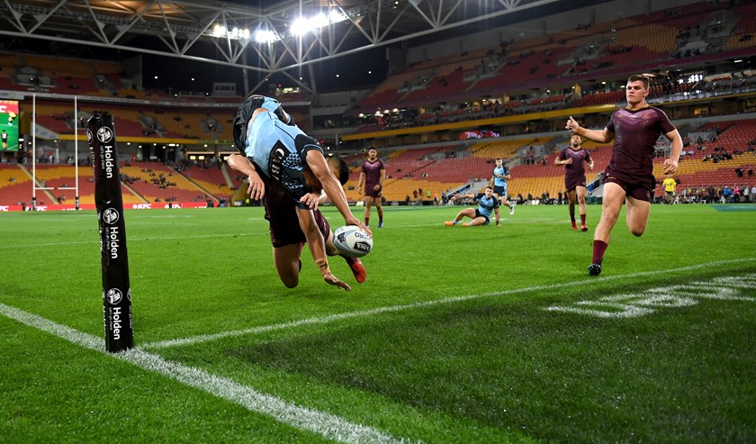 NSW winger Brian Too scores in the 2018 under 20s Origin game.