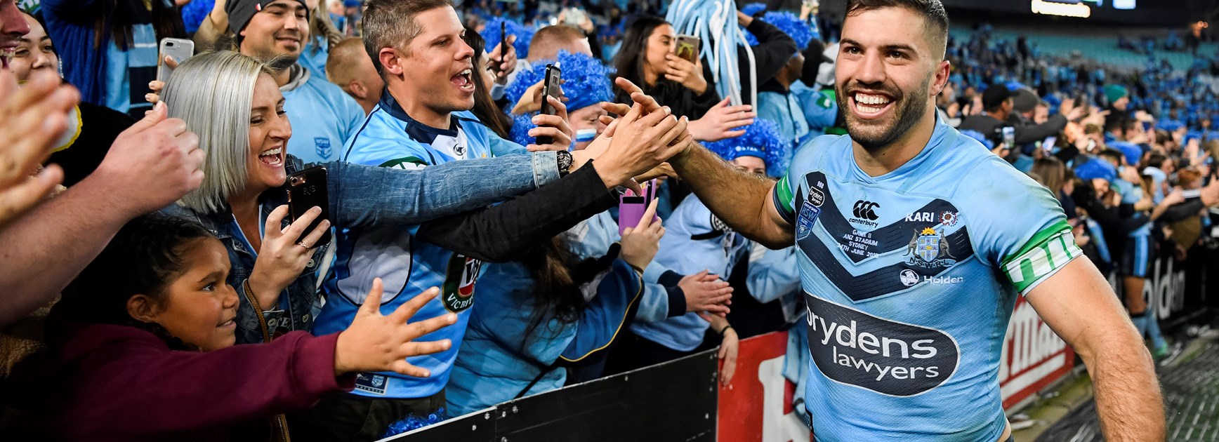 NSW fullback James Tedesco with fans after Origin II.
