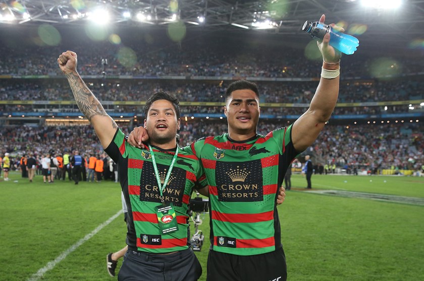 Issac Luke shares in the Rabbitohs' 2014 grand final celebrations.