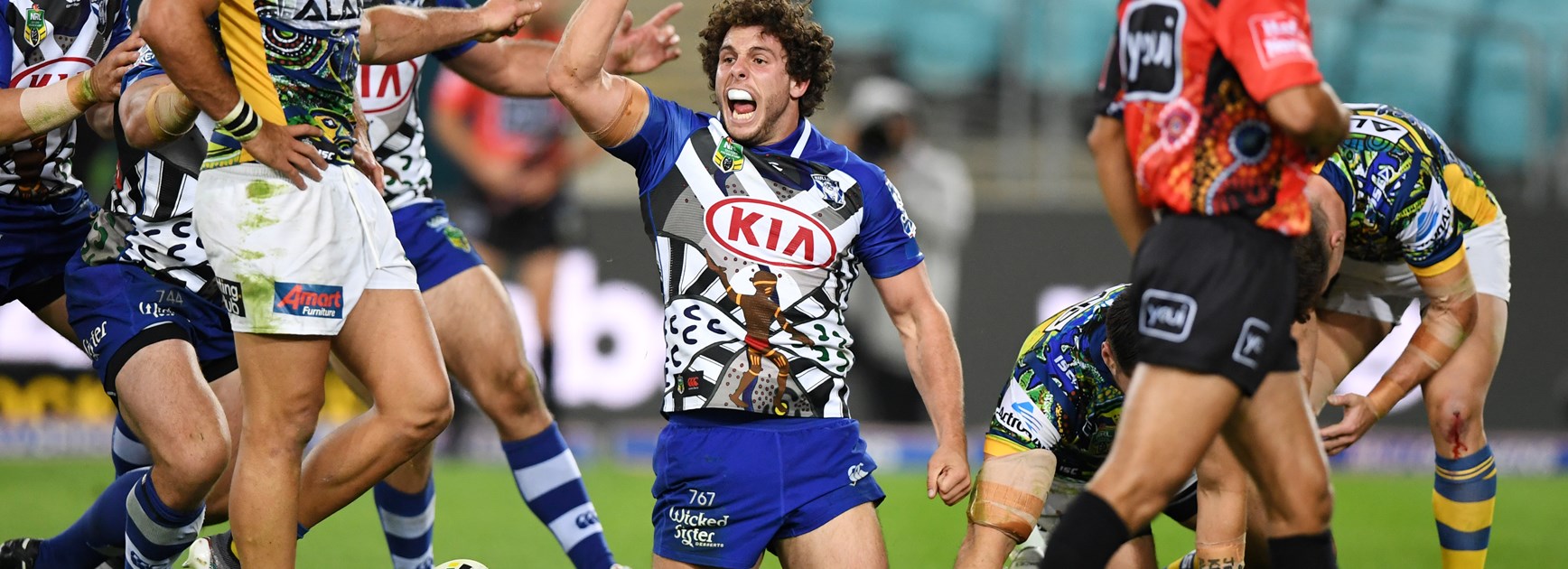 Bulldogs forward Adam Elliott celebrates.