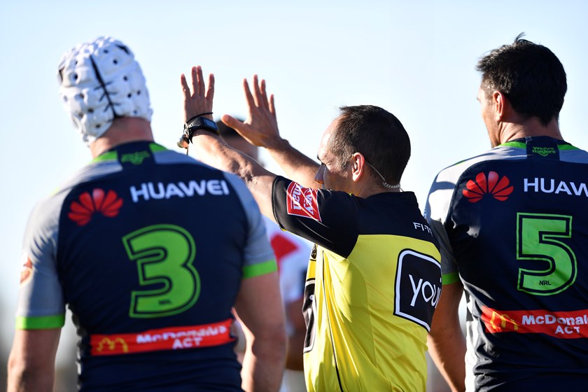 Referee Ashley Klein sends Raiders winger Jordan Rapana (5) to the sin-bin.