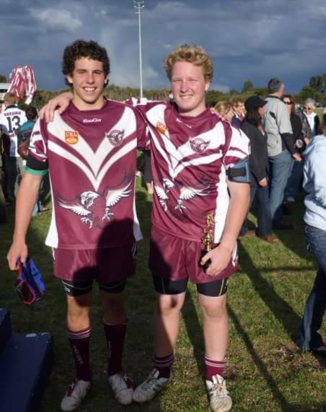 Adam Elliott, left, during his junior footy days at Tathra.