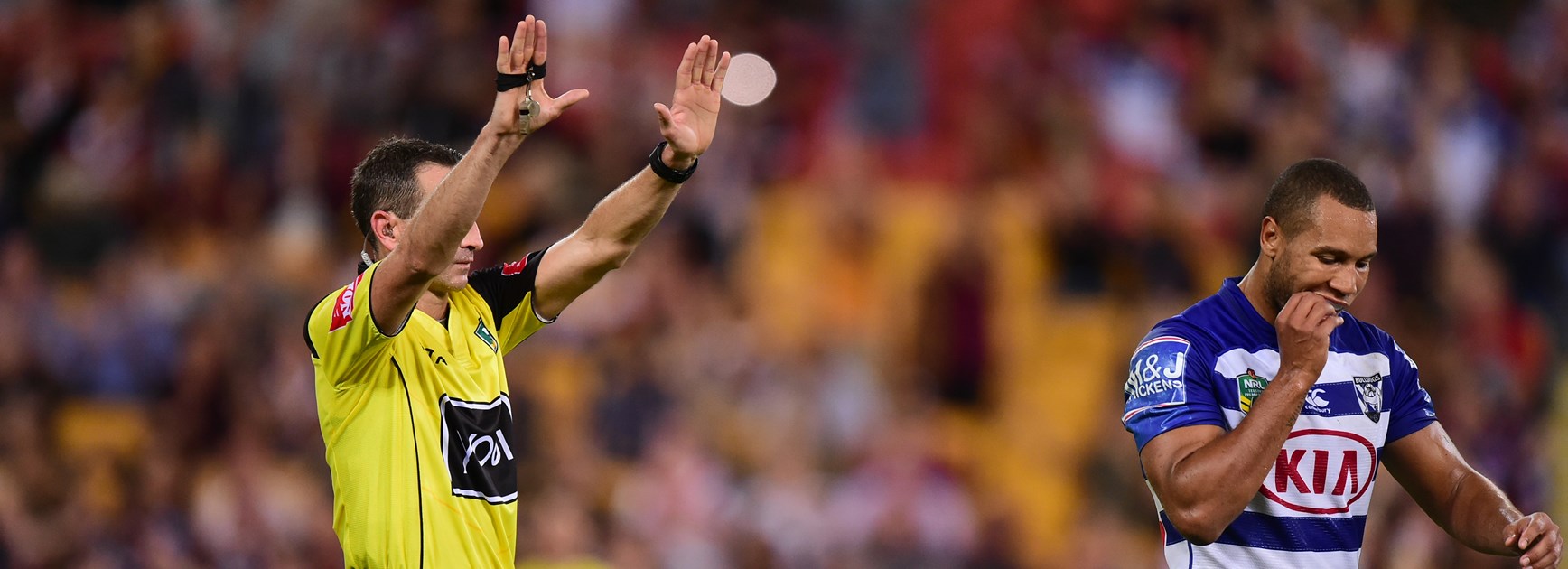 Bulldogs fullback Moses Mbye is sent to the sin-bin.