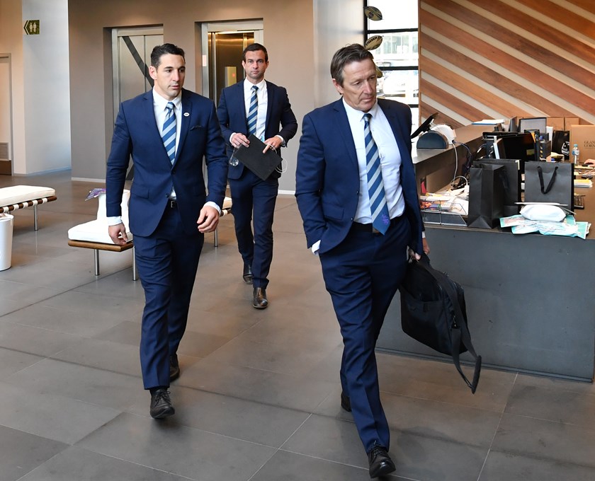 Billy Slater, Dave Donaghy and Craig Bellamy at Rugby League Central for the fullback's judiciary hearing on Tuesday.