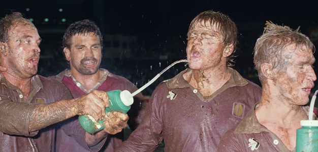 Wally Lewis sprays Paul Vautin's face after the 1987 Origin II win in Sydney.