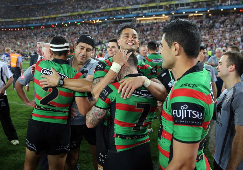 John Sutton celebrates the Bunnies' 2014 premiership.