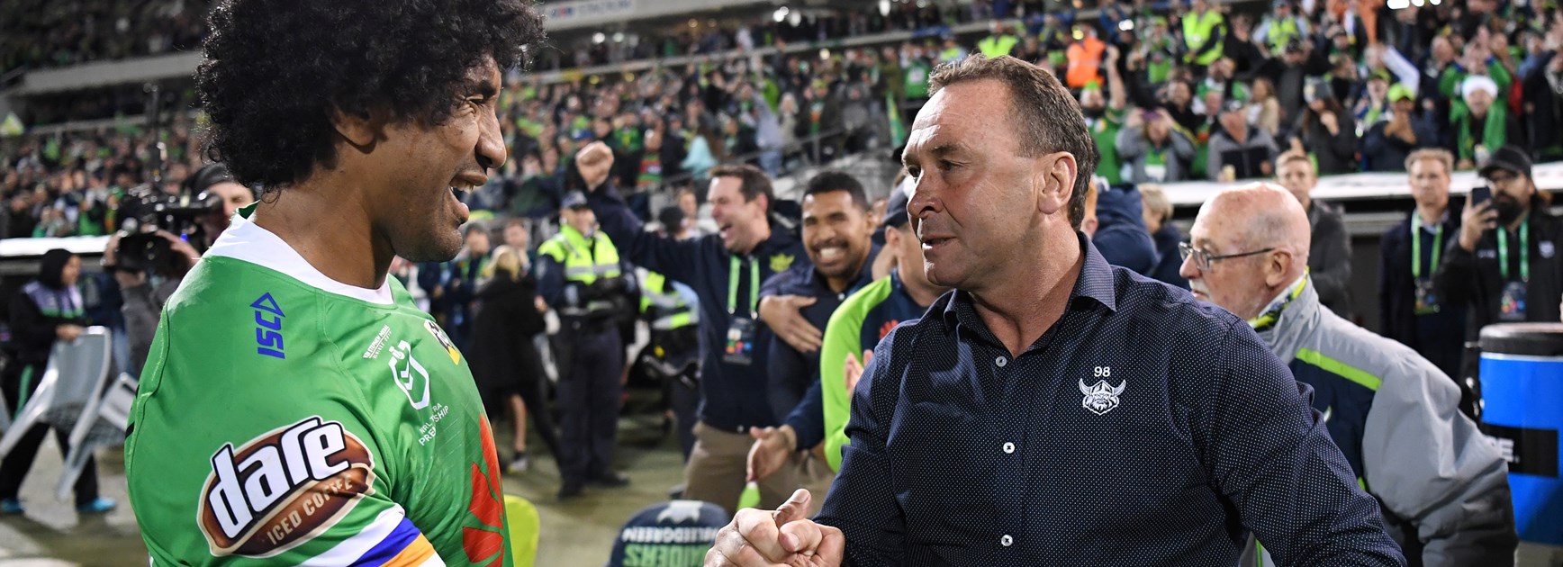Raiders veteran Sia Soliola and Canberra coach Ricky Stuart.