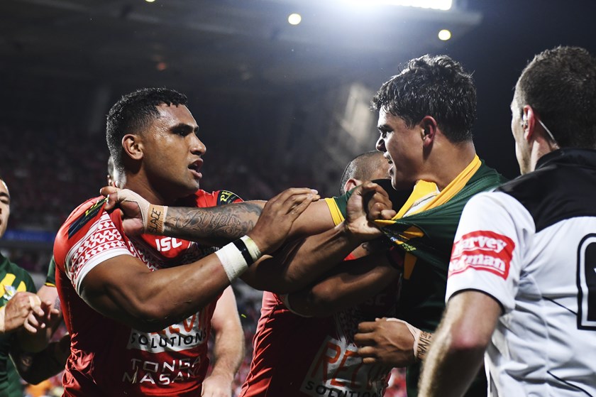 Tevita Pangai and Latrell Mitchell tangle in 2018.