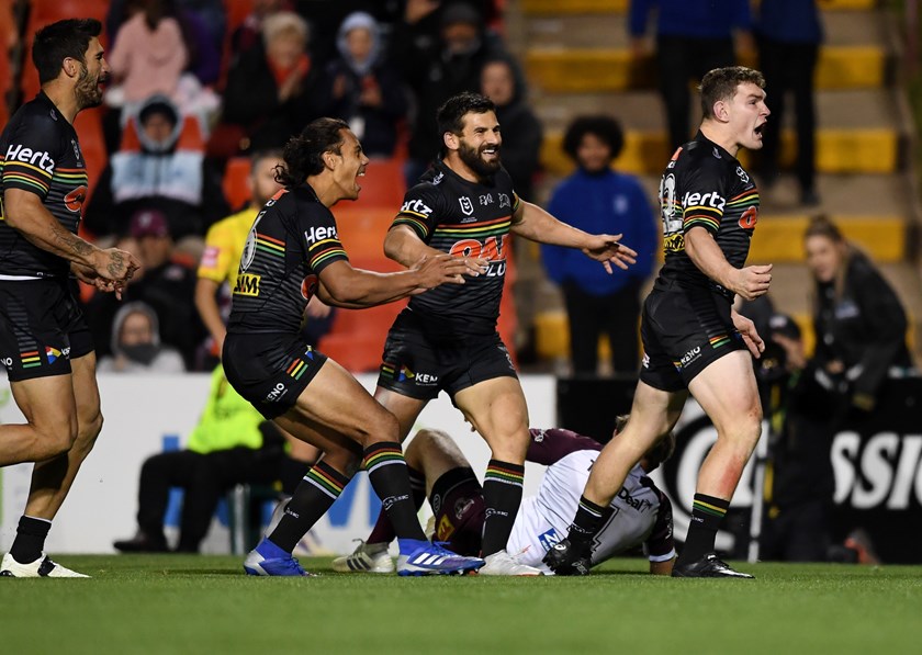 Liam Martin celebrates a try for the Panthers.