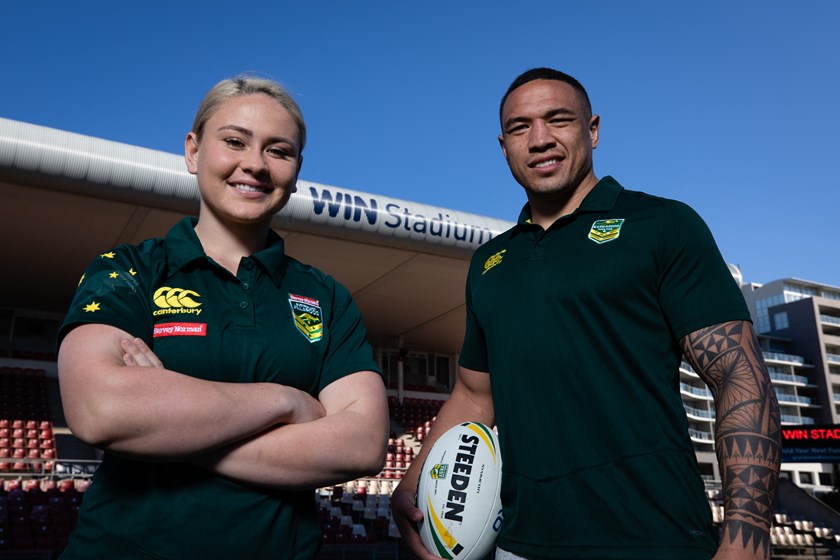 Jillaroo Keeley Davis and Kangaroo Tyson Frizell at the launch of the Australia v New Zealand double header.