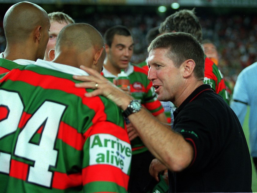 Craig Coleman talks to his team during his time as Rabbitohs coach.