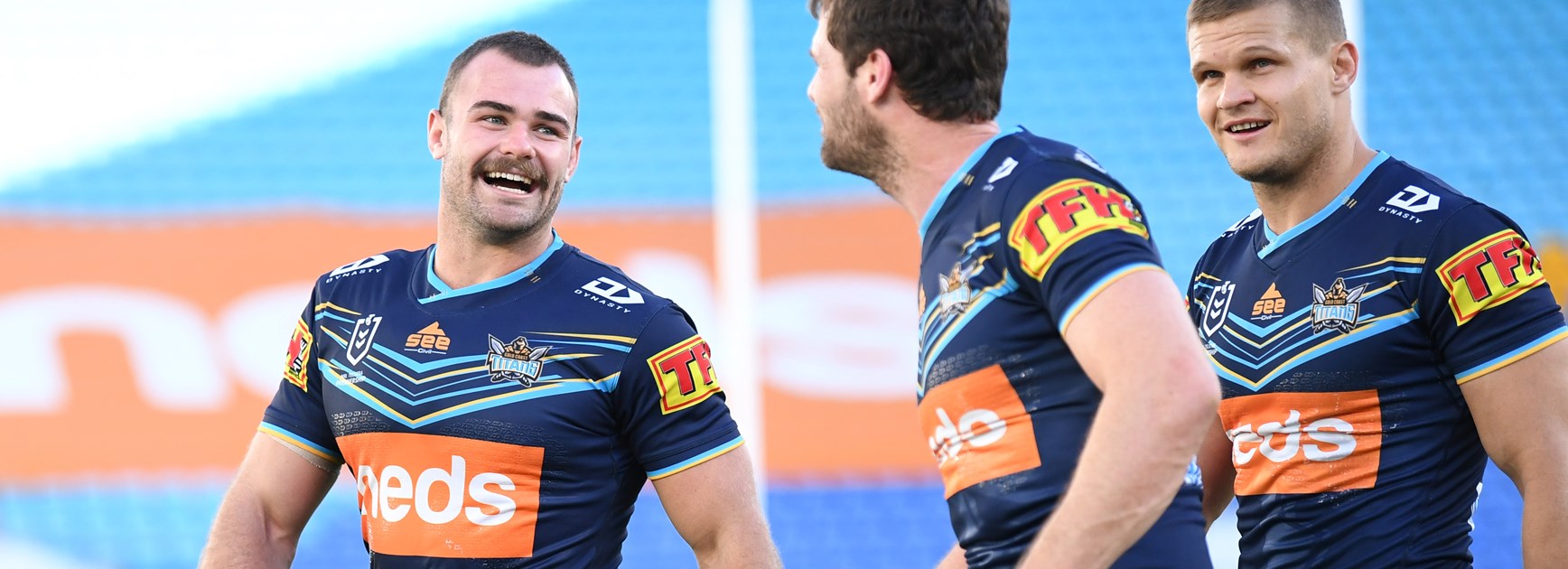 The Titans celebrate after a try during their recent win over the Cowboys.