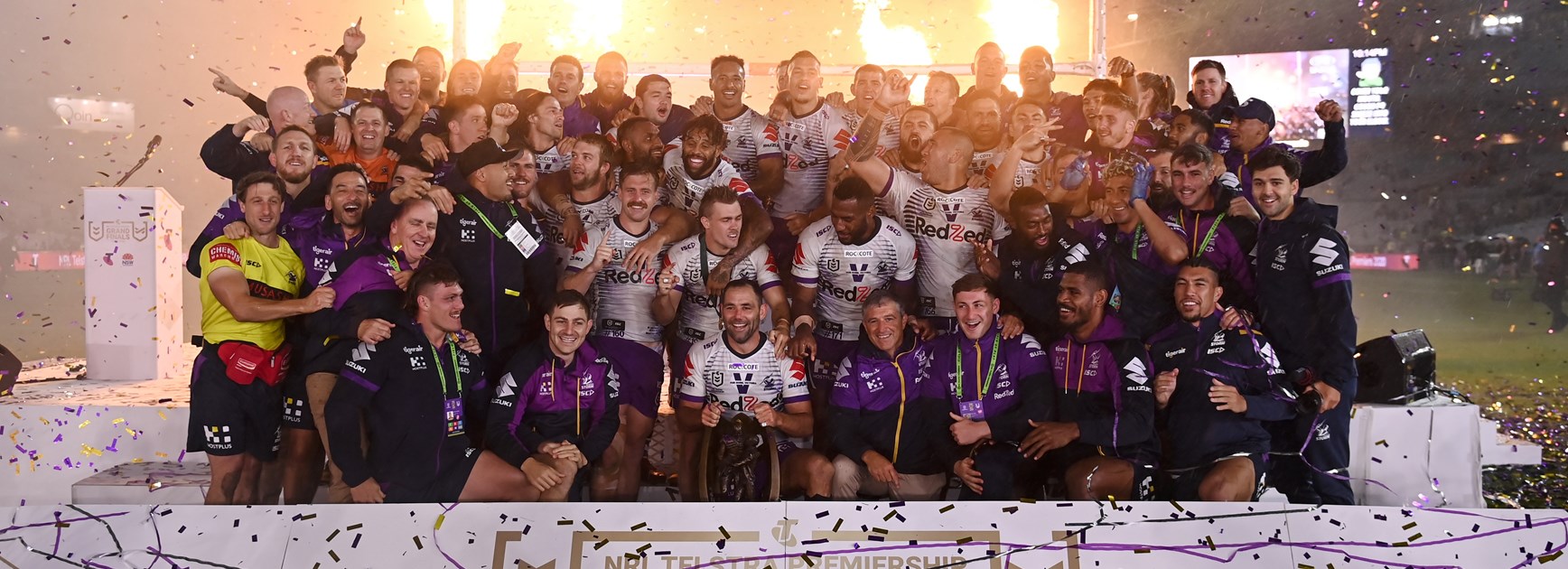 The Storm celebrate their 2020 grand final win.