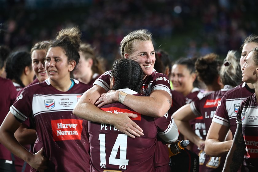 Ali Brigginshaw and Rona Peters celebrates Queensland's Origin win.