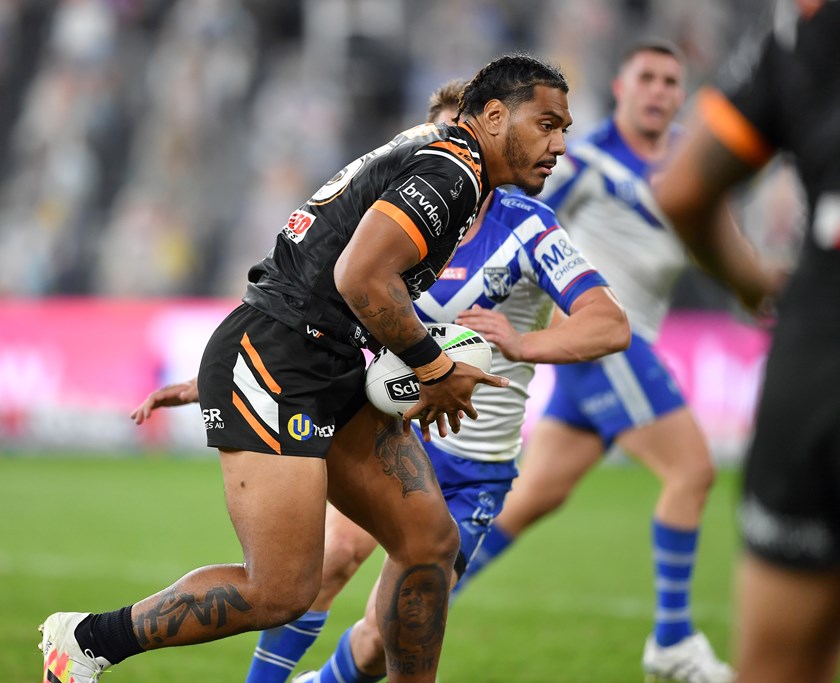 Westst Tigers forward Thomas Mikaele.