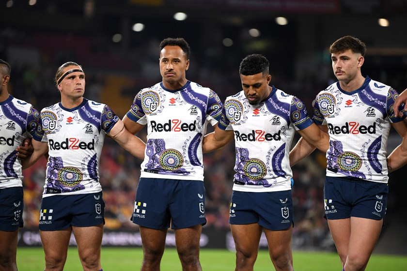 The Storm players line up at Suncorp Stadium in Krstel Petrevski's Indigenous jersey.