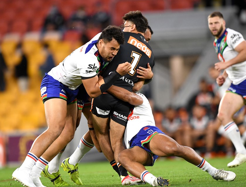 Daine Laurie is injured playing for Wests Tigers.