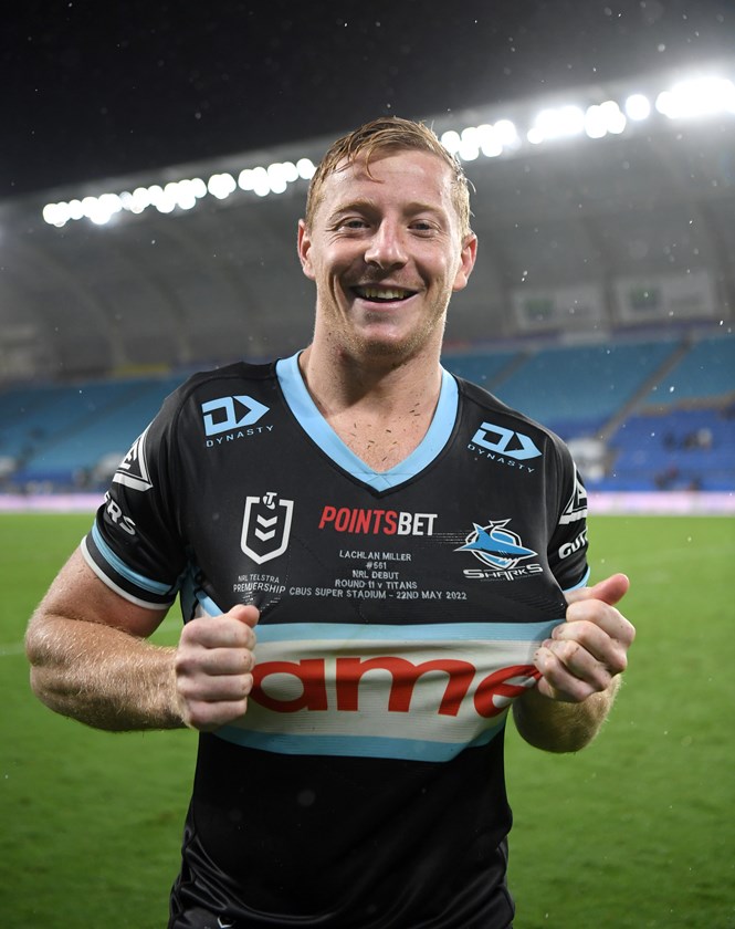 Lachlan Miller celebrates his NRL debut at Cbus Super Stadium