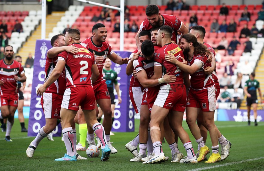 Rajab and Lebanon team-mates celebrate Jacob Kiraz's first half try
