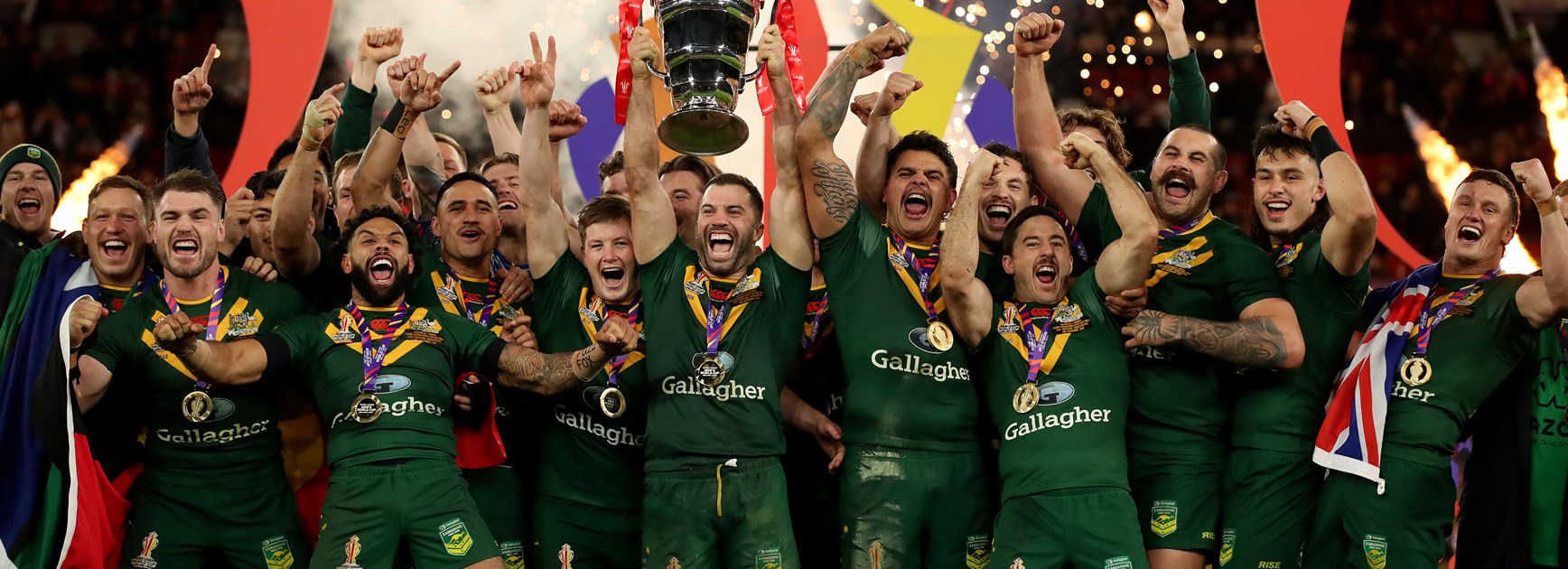 The Kangaroos celebrate winning the 2022 World Cup final against Samoa at Old Trafford